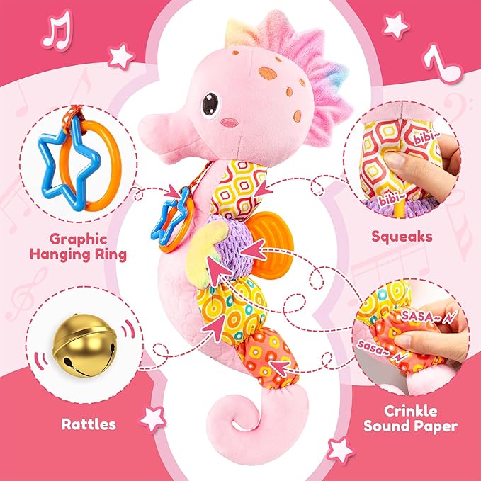 Baby Toys 0 to 12 Months, Musical Stuffed Animal Activity Soft Toys with Multi-Sensory Crinkle, Rattle and Textures,Infant Tummy Time Toys for Newborn Girls, Seahorse, Pink