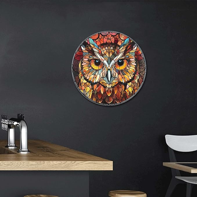 Lygond Metal Sign Tin Sign Circular Stained Glass Owl Metal Garden Signs for Garden 12×12 Inches