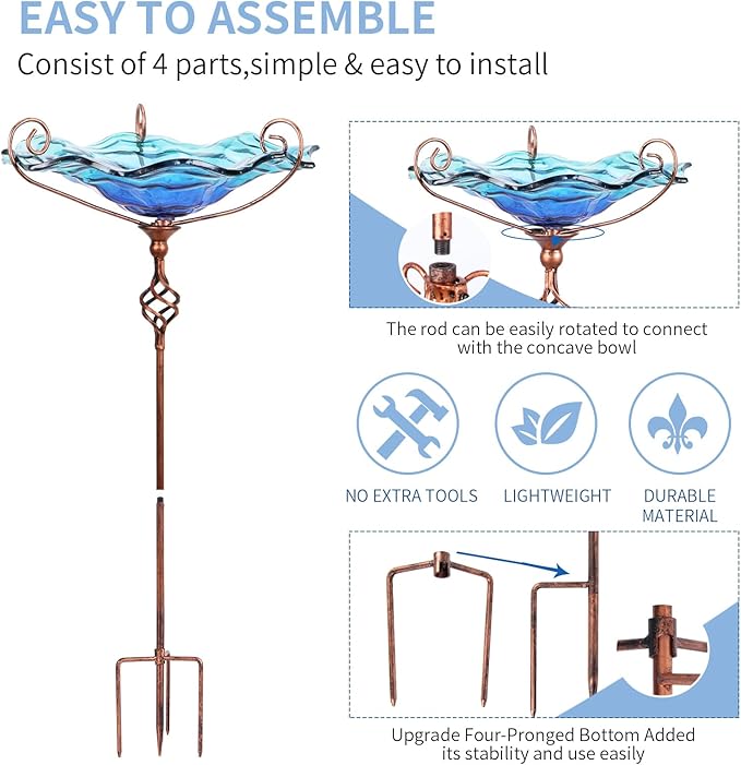 VCUTEKA Outdoor Bird Bath Glass Birdbath Garden Bird Feeder with Metal Stake Blue
