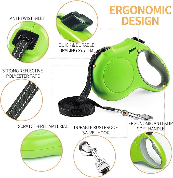 Fida Retractable Dog Leash with Dispenser and Poop Bags, 16 ft Pet Walking Leash for Small Dog or Cat up to 26 lbs, Anti-Slip Handle, Tangle Free, Reflective Nylon Tape (S, Green)