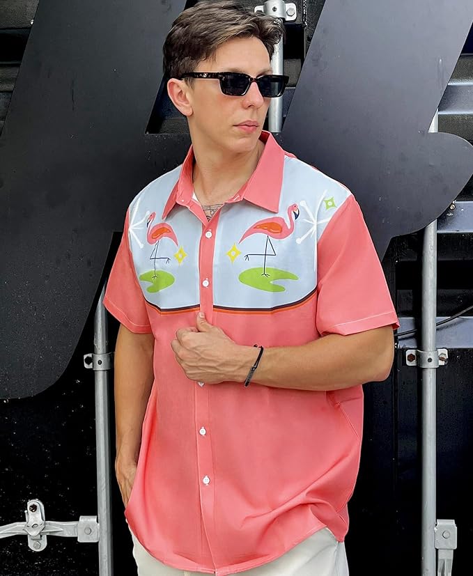 Men’s Hawaiian Shirt Western Cowboy Symmetrical Print Short Sleeve Button Down Casual Beach Holiday Summer Shirt