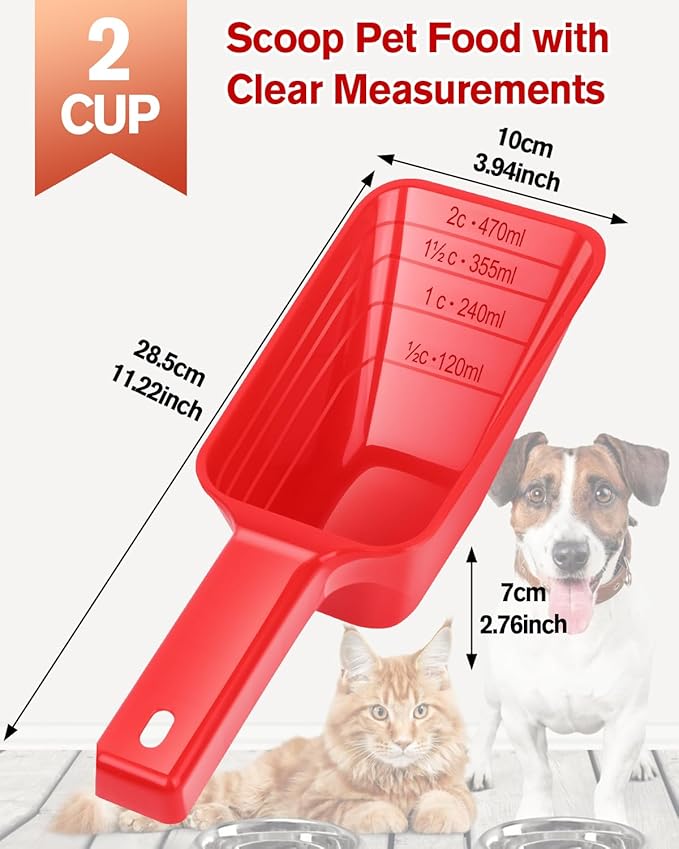 2 Cup Dog Food Scoop(2 Pack), Plastic Pet Food Scoop with Measuring Lines for Accurate Pet Food Portions,Dishwasher Safe (Black and Red)