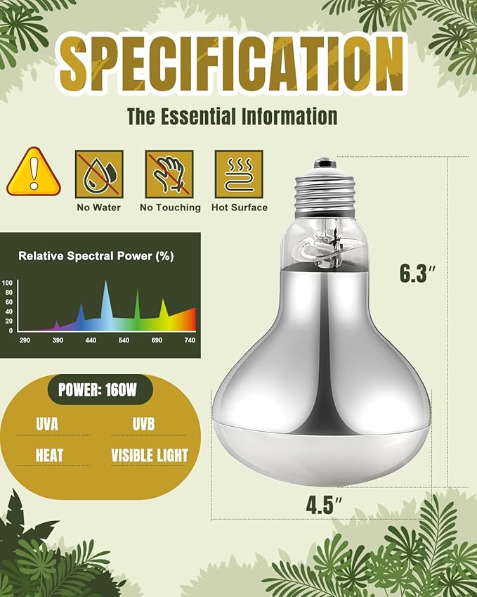 Heat Lamp Bulbs, 160 Watt Reptile Heat Bulb, Full Spectrum UVA UVB Light Bulb, Natural Daylight, Basking Spot, Sun Light for Reptile and Amphibian 1 Pack