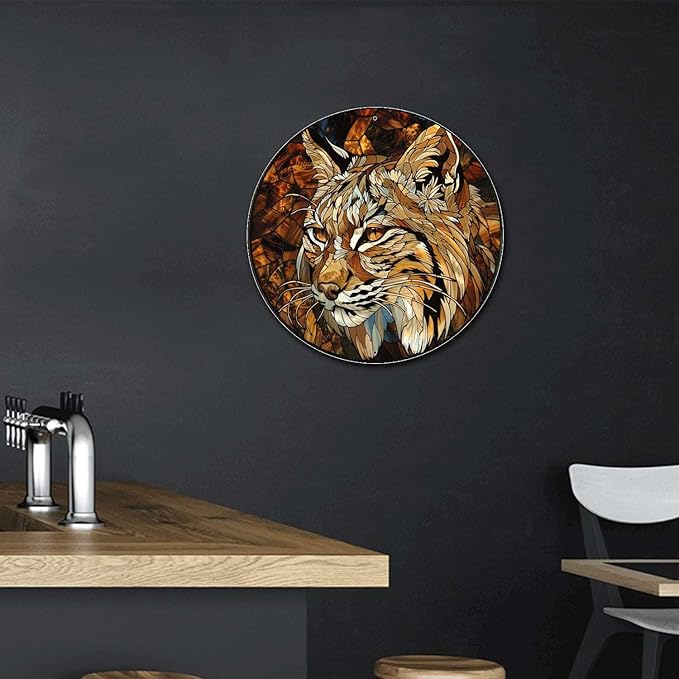 Lygond Metal Sign Tin Sign Circular Stained Glass Bobcat Signs for Garden for Patio 12×12 Inches