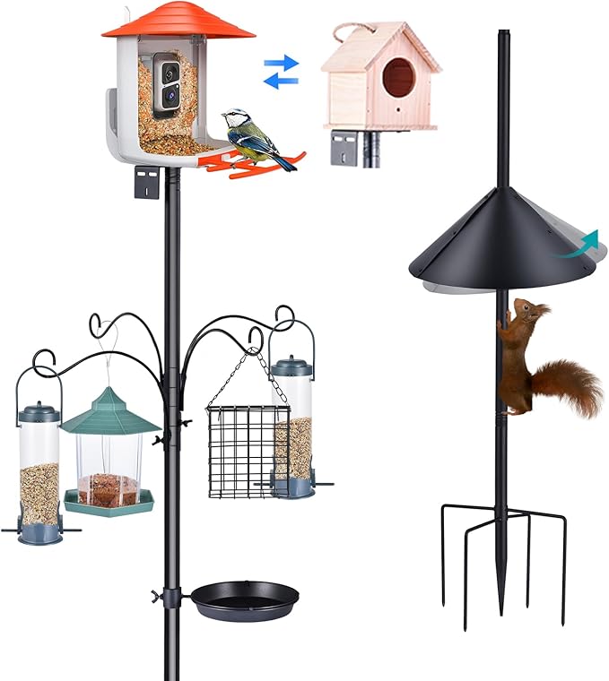 Bird Feeder Pole 92 Inch True Heavy Duty Birdhouse Pole with Squirrel Proof Baffle for Outdoor, Adjustable Bird Feeder Stand with 4 Shepherds Hook Mental Tray for Garden Attracting Wild Birds