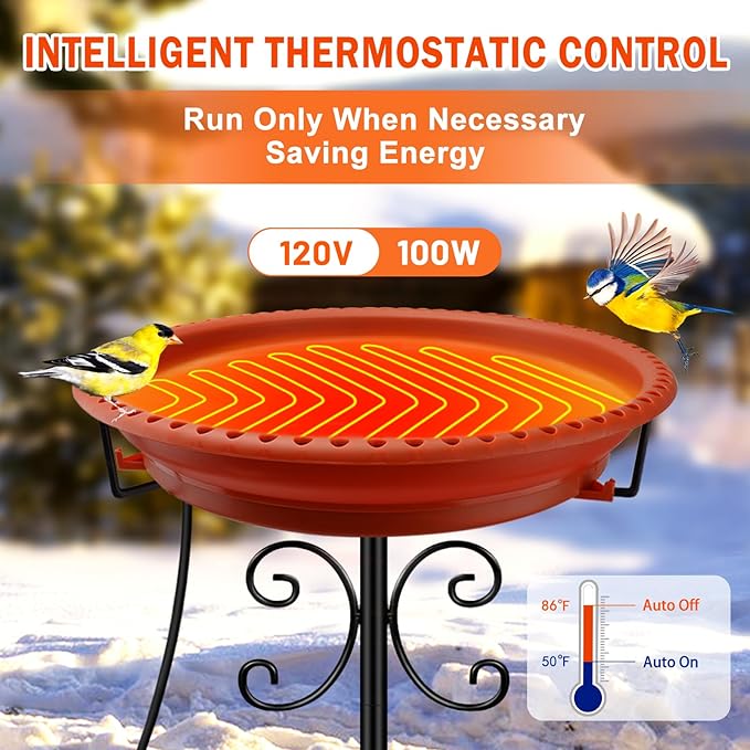 Daoeny Heated Bird Baths for Outdoors, Upgraded 100W Thermostatically Controlled Heated Bird Bath with 5-Prong Metal Base, Heated Bird Bath for Outside Winter Garden Patio Yard Lawn(Terracotta)
