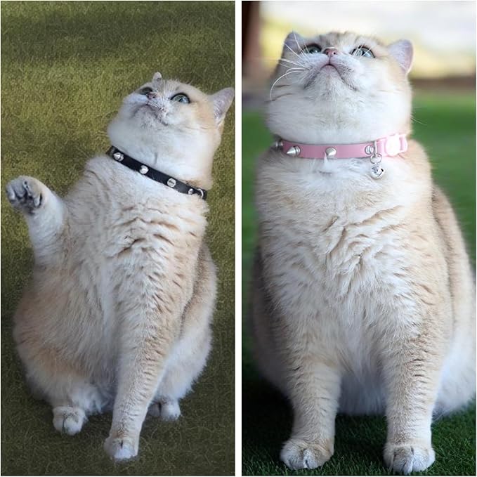 Spiked Cat Collar with Bells, Breakaway Genuine Leather Protective Collar for Kitty, Studs Spikes Punk Style Adjustable for Girl Boy Kittens Small Bunny Rabbit, 10"-12" Black