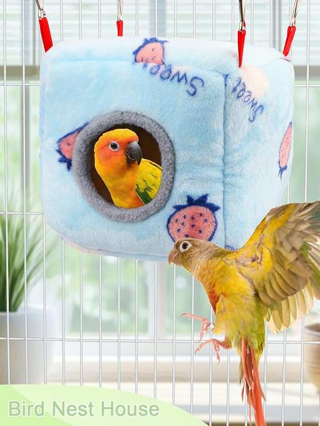 Wontee Bird Nest House Winter Warm Bird Bed for Cage Hanging Hammock Shed Hut for Parrots Budgies Parakeets Caique Senegal Cockatiels Conures (Medium-7.5"x7.5"x7.5")