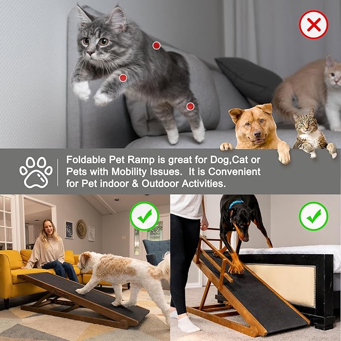 ABORON Dog Ramp,Adjustable Folding Pet Ramp for Bed,Couch,SUV - High Traction Portable Rubber Paw Ramps,Great for Small & Large Old Dogs & Cats, Supports up to 200 lbs,63''Long