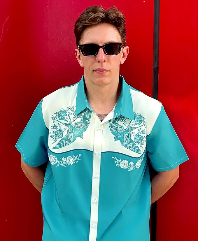 Men’s Hawaiian Shirt Western Cowboy Symmetrical Print Short Sleeve Button Down Casual Beach Holiday Summer Shirt