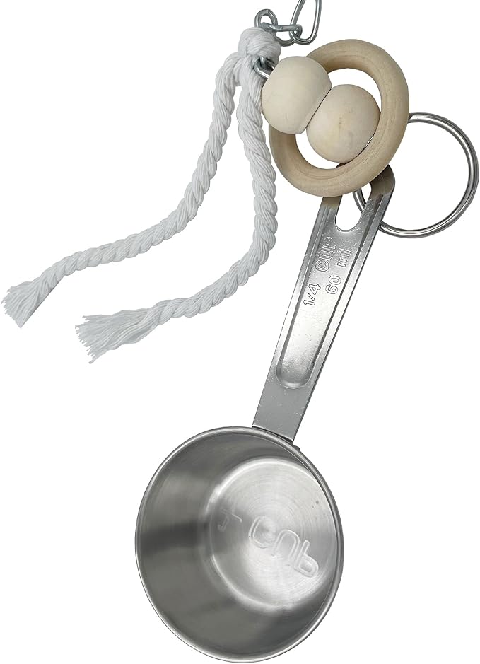 Durable Stainless Steel Pots & Wooden Beads Parrot Toys - Pullable 8 Metallic Cups & 8 Natural Dye-Free Rings for Large & Extra Large Parrots Macaws Amazons African Greys Cockatoos Eclectus