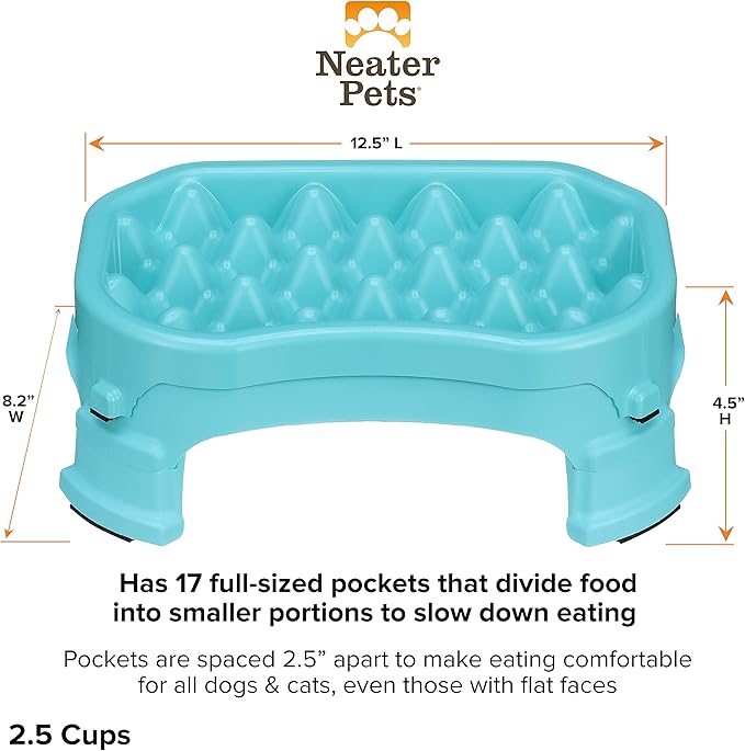 Neater Pet Brands – Neater Raised Slow Feeder Dog Bowl – Elevated and Adjustable Food Height - (2.5 Cup, Aquamarine)