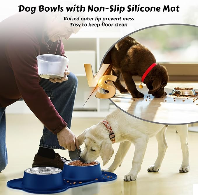 AsFrost Dog Food Bowls Stainless Steel Dog Food & Water Bowl Set with No Spill No Slip Silicone Mat, Dog Dishes for Small Medium Size Dogs Pet Cat Puppy Food Feeding Bowls, Blue, 24oz, 3 Cup