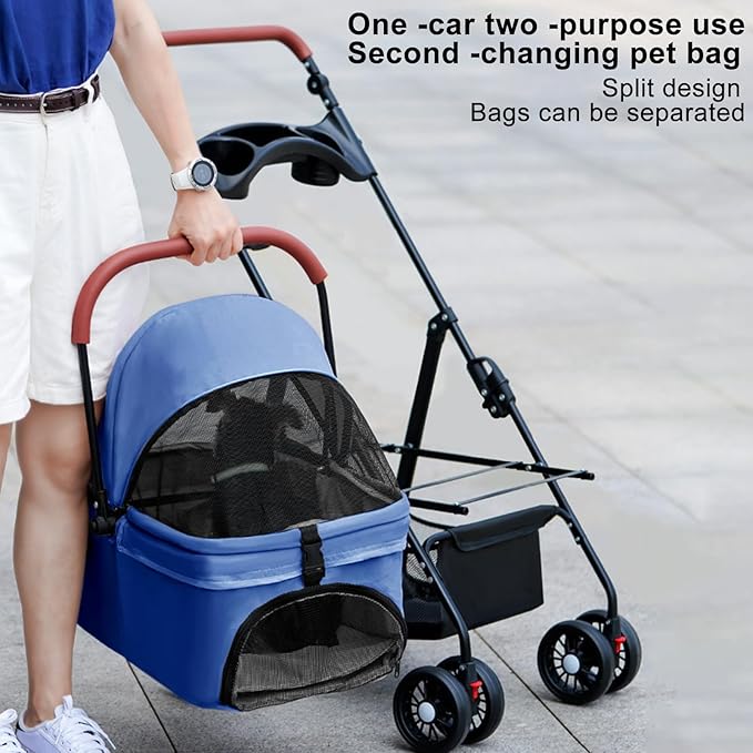 Pet Stroller Pram Dog Carrier Trailer 4 Wheels Foldable Dog with Storage Basket,Holds up to 44 lbs,Adjustable Handle,Folding Travel Stroller Suitable for Traveling with Cats and Dogs (Blue)