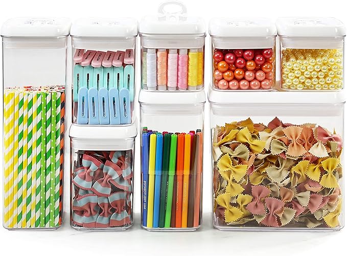 Felli Flip Tite Storage Container with Lid 4" RECTANGULAR Air Tight Ring Flip Top, Stackable Acrylic Canister for Kitchen Counter Pantry, Cereal Granola Pasta Spice, Christmas Gift (4pk, Variety)