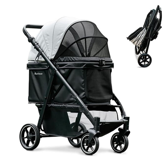 Medium Dog Stroller, Foldable Pet Stroller with Adjustable Handle & No Zip Entry, Storage Basket & Cup Holder, Canopy, Mesh Windows, Ideal for Medium Dogs and Cats Up to 50lbs, Black