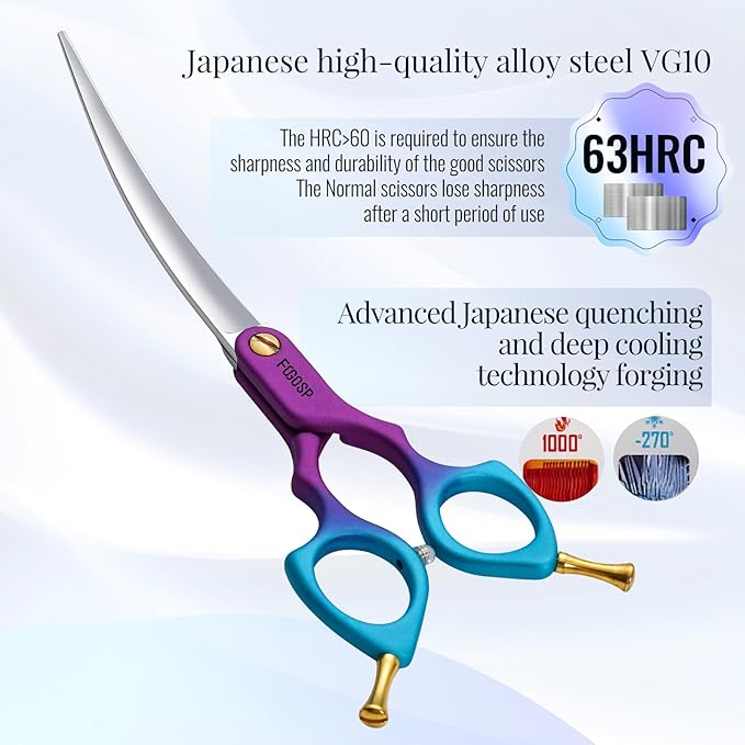 Professional Curved Dog Grooming Scissors with Sharper Self Grinding lightweight and finely trimmed split structure 6.5'' Japan VG10 63HRC for small dogs cat pet(Purple&Blue)