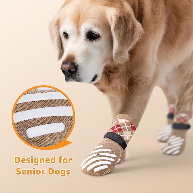 LOOBANI Dog Socks to Prevent Licking Paws - Dog Socks for Hardwood Floors Anti Slip for Traction Control - Dog Grippy Socks for Senior Dog Small Medium Large Dogs on Tile Floors, Caramel S