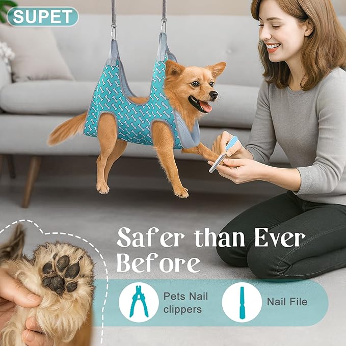 Supet Dog Grooming Hammock Harness for Dogs Cats, Relaxation Pet Nail Clipper Hammock, Restraint Dog & Large Animal Leashes Sling for Groomingk for Nail Trimming (Coral Blue, 2XL)