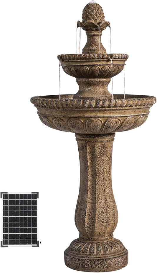 XBrand 39" 2-Tier Outdoor Freestanding Solar Water Fountain – Classic Sand Stone Resin Bird Bath with Pump – Solar Powered Garden Decor for Patio, Yard, Porch, and Lawn