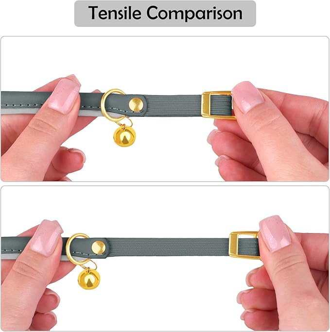 OOPSDOGGY Rolled Leather Cat Collar with Bell - Reflective Kitten Collar with Safety Elastic Strap - Adjustable Small Pet Collars for Boy Girl Cats (Denim)