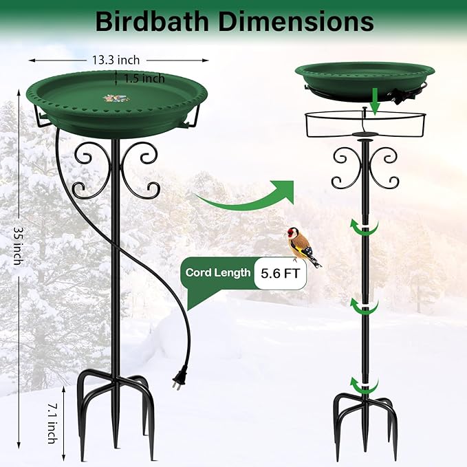 Daoeny Heated Bird Baths for Outdoors, Upgraded 100W Thermostatically Controlled Heated Bird Bath with 5-Prong Metal Base, Heated Bird Bath for Outside Winter Garden Patio Yard Lawn(Green)