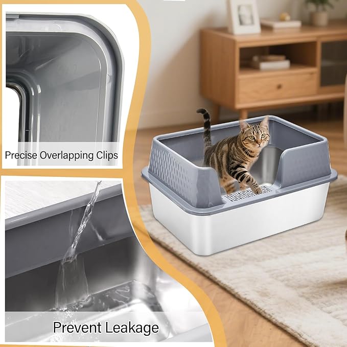 Large Stainless Steel Cat Litter Box with lid Cover Mats Scooper Small High Sided Enclosed Metal Kitty Litter Box for Kittens or Senior Cats with Grey Enclosure