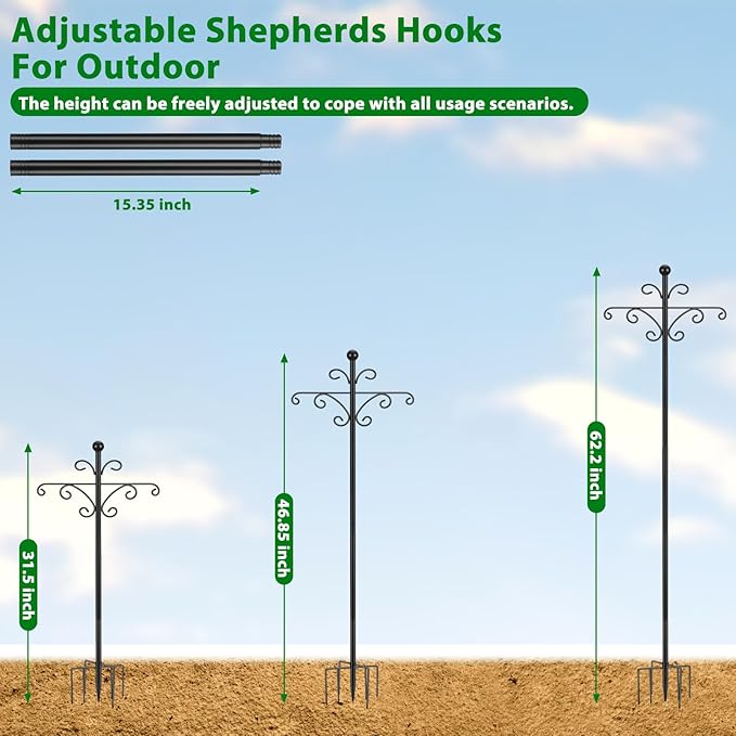 Bird Feeder Pole for Outdoors Heavy Duty Squirrel Proof, 2 Pack 63 Inch Adjustable Tall Shepherds Hooks for Outdoor with 7 Prongs Base, Double Shepherd Hooks (2 Pack Black, 63 Inch)