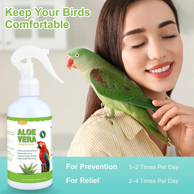 Aloe Vera Bird Spray, Moisturizes Feathers Soothes Dry Itchy Skin, Supports Molting Healthy Plumage, Prevent Feather Plucking Gentle Care, Safe Effective for Parrots Finches All Birds, Odor-Free