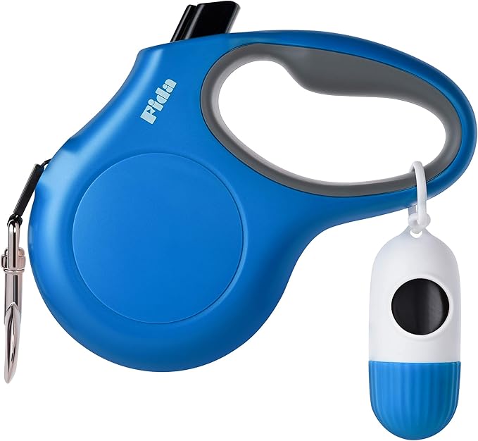 Fida Retractable Dog Leash with Dispenser and Poop Bags, 16 ft Pet Walking Leash for Small Dog or Cat up to 26 lbs, Anti-Slip Handle, Tangle Free, Reflective Nylon Tape (S, Blue)