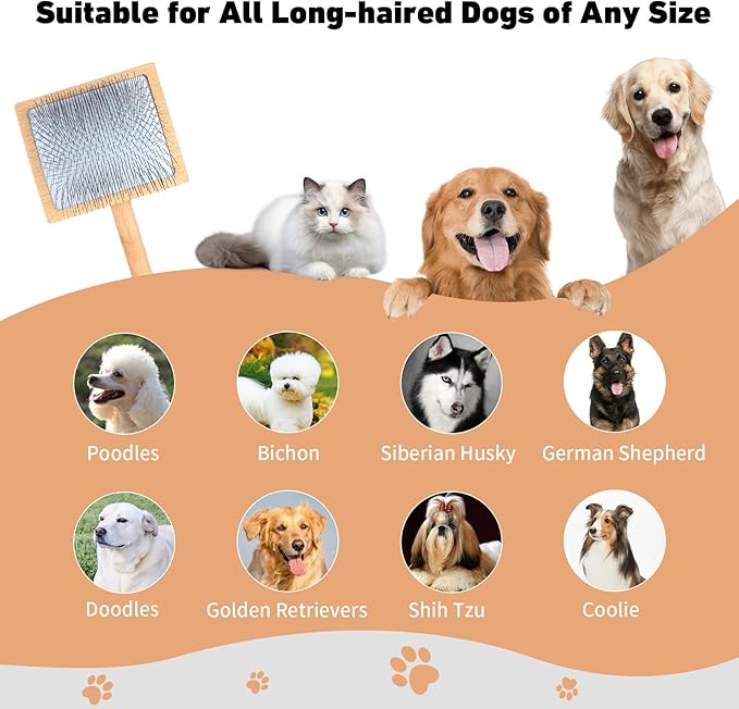 Dog Slicker Brush for Shedding and Grooming Medium or Long Haired Cats, Extra Long & Soft Pin Slicker Brush for Removes Loose Hair, Tangles, Knots, Undercoat, Free Pet Comb, Large, Oak