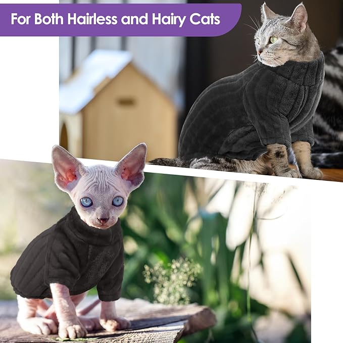 SUNFURA Sweaters for Cats, Hairless Sphynx Sweater Kitten Pullover with Sleeves, Warm and Soft Cat Pajamas Fleece Sweatshirt Jumpsuit, Turtleneck Clothes for Fall Winter, Grey L