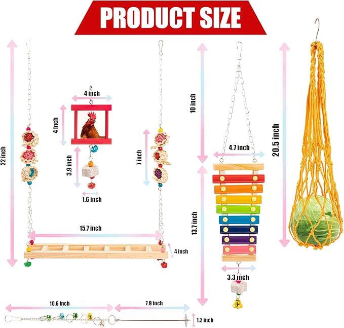 9PCS Chicken Toys for Coop, Chicken Xylophone Toy, Swing Mirror Chewing Toys for Hens Vegetable Hanging Feeder, Beak Grinding Calcium Stones with Bells Cage Toy for Cockatiel Parakeet Parrot Budgies