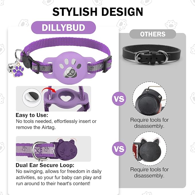 Airtag Cat Collar Breakaway, Reflective Kitten Collar with Bell and Apple Air Tag Holder, GPS Cute Cat Collar, Glow in The Dark Pet Collars for Boy Girl Cats, Kittens, Puppies, Purple