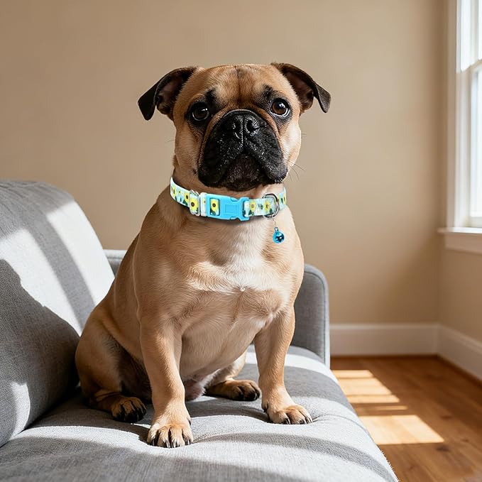 Small Dog Collar with Bell for Small Dogs, Adjustable Sunflower Print Collar for Chihuahua Pomeranian, Soft Comfort Tiny Dog Collar S