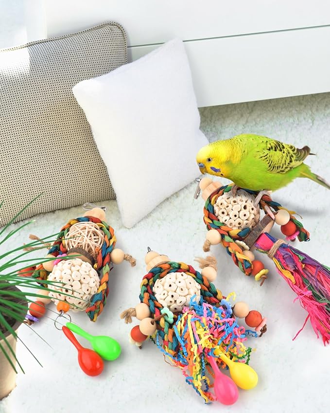 Bissap 3PCS Bird Parrot Foraging Shredder Hanging Toys Sola Balls with Sand Hammer for Small Parrots Parakeets Conures Cockatiels Love Birds Cage Toy