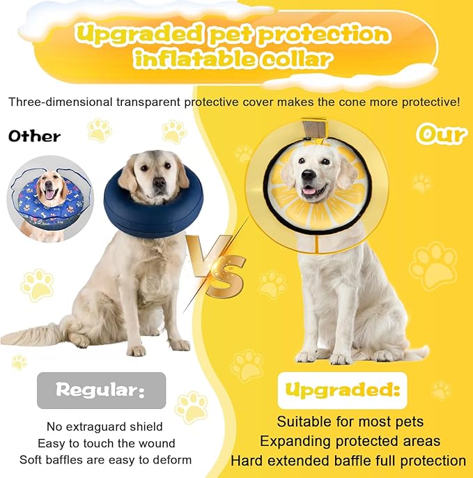 Inflatable Dog Cone Collar with Detachable Enhanced Anti-Licking Shield, Soft Neck Donut Collar for Dogs After Surgery, Adjustable Dog Cone Alternative for Large Medium Small Dogs & Cats