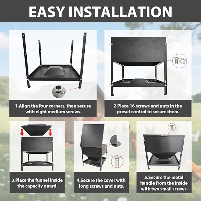 All Metal Chicken Feeding with Waterproof Lid and Handle，Adjustable 80 lbs Large Capacity No Waste Portable Automatic Chicken Feeder,for Chickens and Duck Poultry and Other Birds