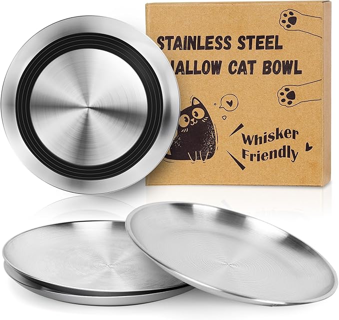 Supet Stainless Steel Cat Food Bowls, Whisker Fatigue Dishes with Non-Slip Bottom, Shallow Wide Cat Plates for Wet & Dry Food, 13OZ Kitten Bowls for Indoor Cats (4Pcs)