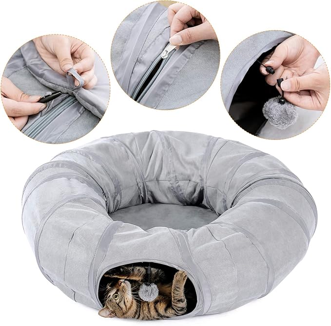 PAWZ Road Cat Tunnel Bed Large Cat Donut Tunnel for Indoor Cats, Collapsible Cats Tube with Central Mat, Peek Hole and Cat Toy Hanging Balls