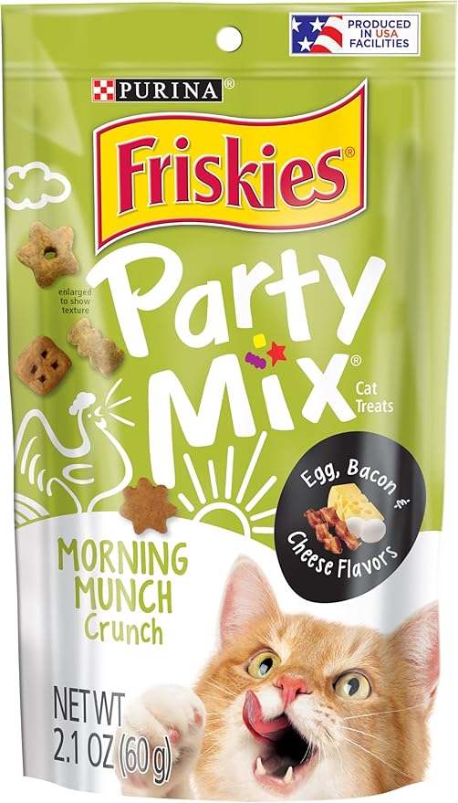 Purina Friskies Party Mix Cat Treats, Morning Munch Crunch with Egg, Bacon & Cheese Flavors, Crunchy & Bite-Sized Cat Treats, 2.1 OZ Pouch (Pack of 3)