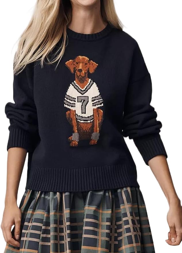 Dog Print Sweater for Women Cute Graphic Knit Pullover Tops Long Sleeve Crew Neck Trendy Fall Outfits 2025