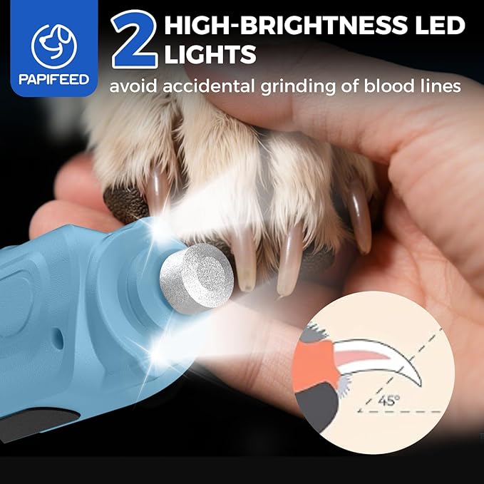 PAPIFEED High Torque Dog Nail Grinder Quiet - 6-Speed Adjustable Pet Nail Trimmer with 2 LED Lights & Dust-Proof Cover, Powerful Motor for Large/Medium/Small Dogs & Cats, Rechargeable - Dark Blue Kit
