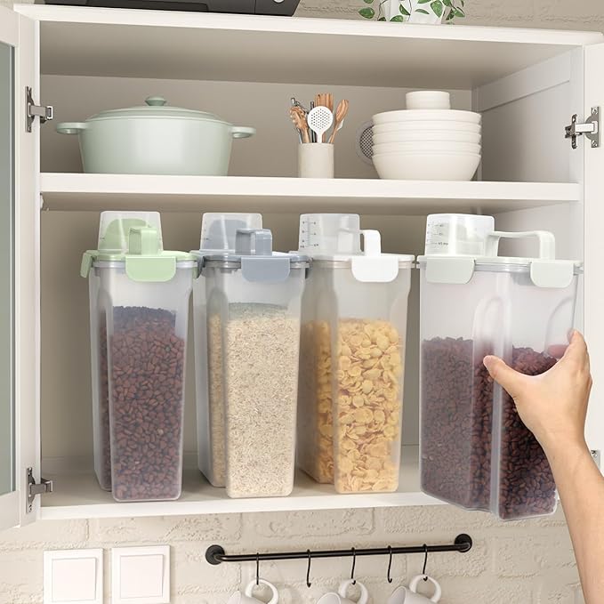 TBMax Airtight Rice Container 10 Lbs, Cereal Dispenser, Pet Cat Dog Food Storage Container, Plastic Kitchen Pantry Food Storage Holder with Cup -Beige