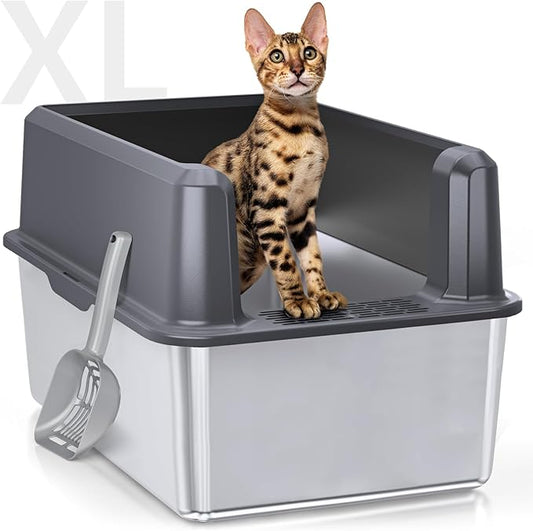 Stainless Steel Litter Box with Lid, 14” XL Stainless Steel Cat Litter Box Enclosure, Extra Large Metal Cat Box, Non-Sticky, Anti Leakage, Easy Cleaning Litter Pan, Include Scoop (Gray)
