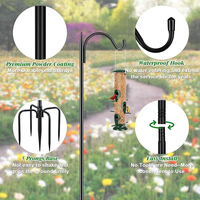FEED GARDEN Bird Feeder Pole, 60 Inch Shepherds Hooks for Outdoor with 5 Prong Base, Adjustable Heavy Duty Shepherds Hook for Plant Baskets, Hummingbird Feeder, Wedding Decor, Lanterns,2 Pack