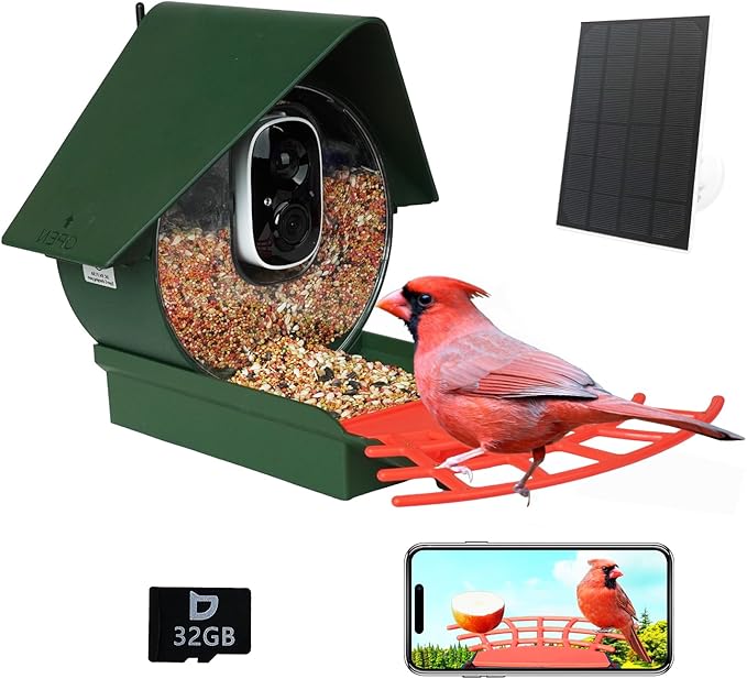 Birdkiss Smart Bird Feeder with Camera Solar Powered, AI Auto Capture Bird Videos & Motion Detection, Bird Watching Camera Notify in Time, Wireless Camera Ideal Present for Bird Lover (Olive Green)