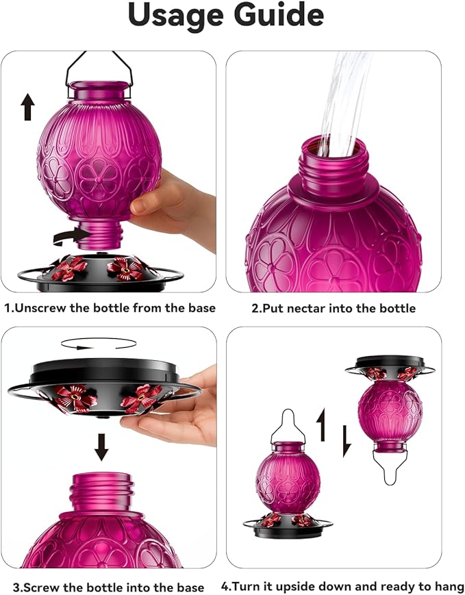 26Oz Hummingbird Feeder for Outdoors, Vintage Glass Bird Feeder with Perch, Durable & Easy to Clean, Hanging Nectar Feeder for Garden, Yard, Deck – Gift for Bird Lovers (Violet)