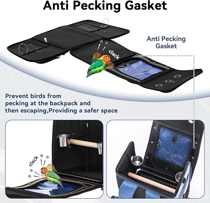 Petsfit Bird Carrier with Anti-Pecking Band,Bird Backpack Carrier with 2 Level Height to Adjust Standing Perch and Shade Cover Blue