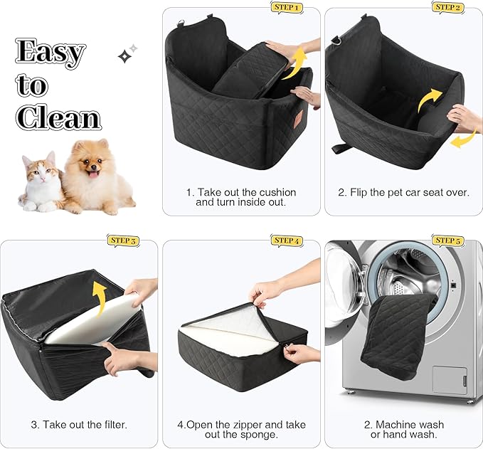 Small Dog Car Seat, Memory Foam Dog Booster Car Seats with Thick Cushion for Medium Dogs Under 35lbs, Detachable Washable Pet Seat with Storage Pockets,2 Safety Belts (Black, Medium)